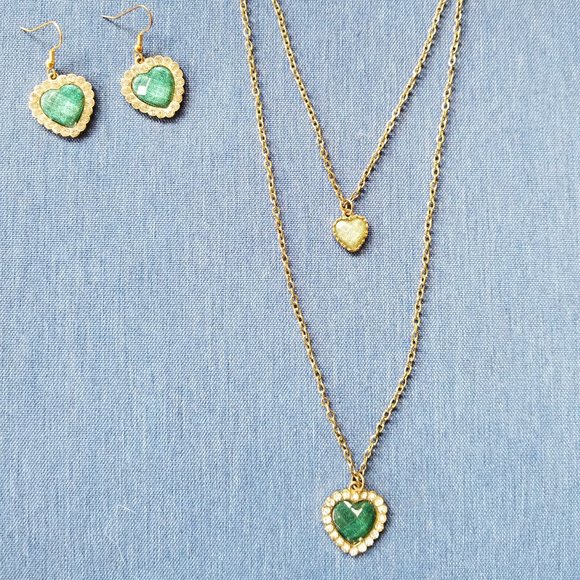💚✨Betsey Johnson Green Hearts Double-Chain Necklace & Earrings - EPC✨💚 - Picture 2 of 16
